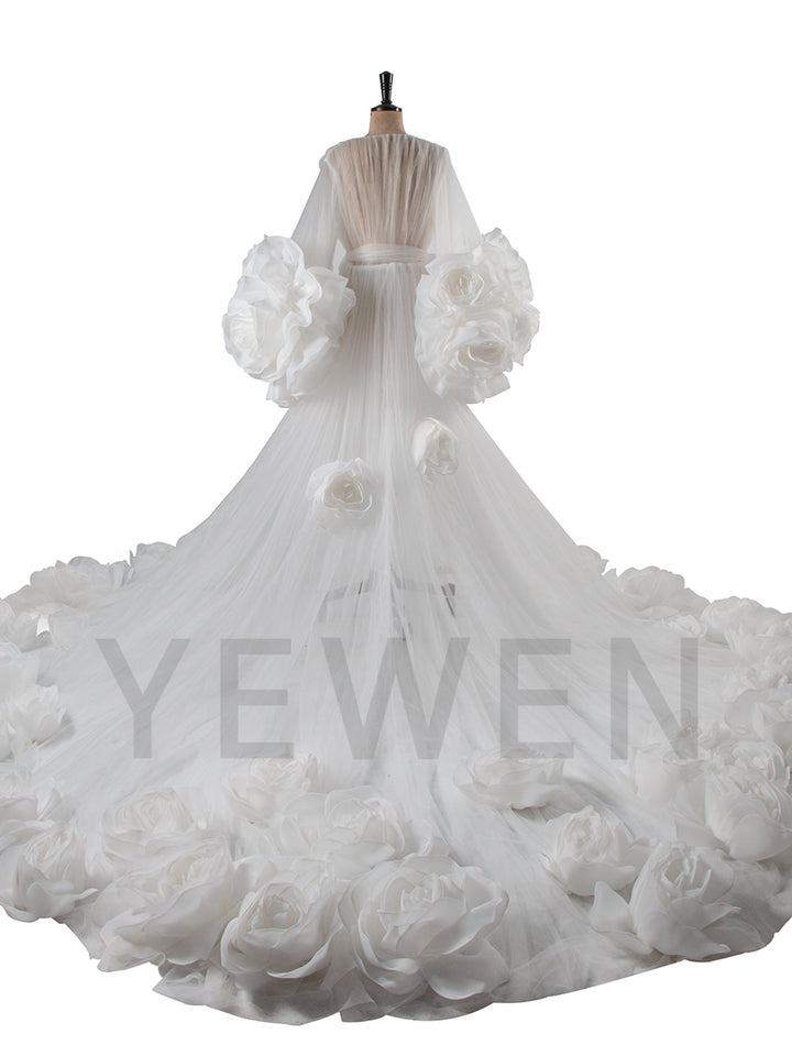 Back view of luxury special occasion dress with 3D rose sheer tulle design and elegant long train
