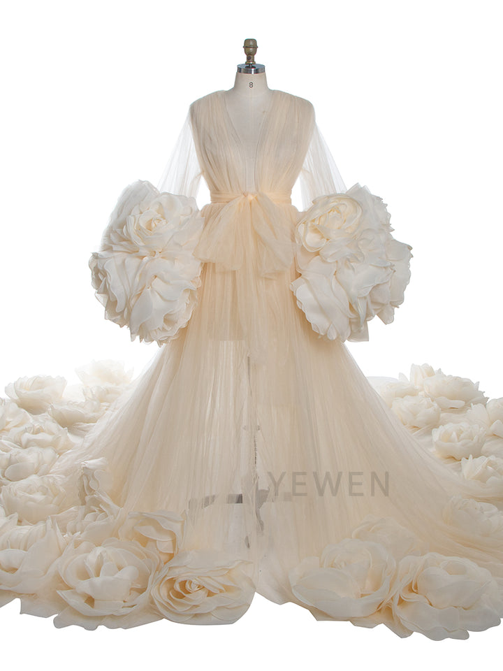Full body view of luxury special occasion dress with 3D rose sheer tulle design and long train silhouette