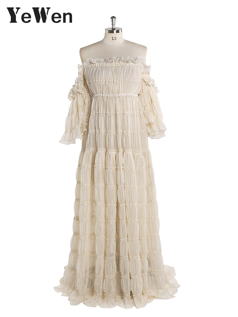 Front view of summer beach dress for photo shoot with off shoulder design and elegant boho silhouette