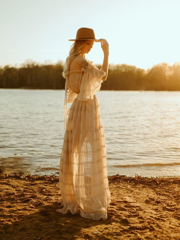 Elegant Off The Shoulder Boho Summer Beach Dress Woman Photo Shoot Gowns Side Slit YEWEN YW220511 22W-24W / Cream