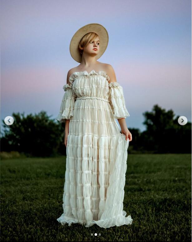 Off shoulder boho summer beach dress designed for photoshoot with side slit for flowing coastal photography