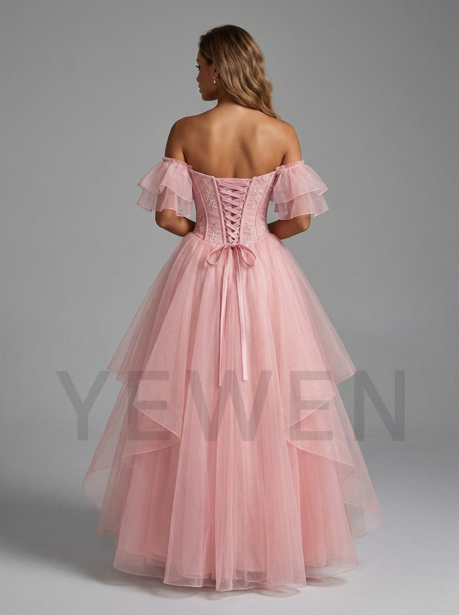 French Vintage Pink Layered Tulle Ball Gown Corset Bodice Off Shoulder Quinceanera Dress ML260081