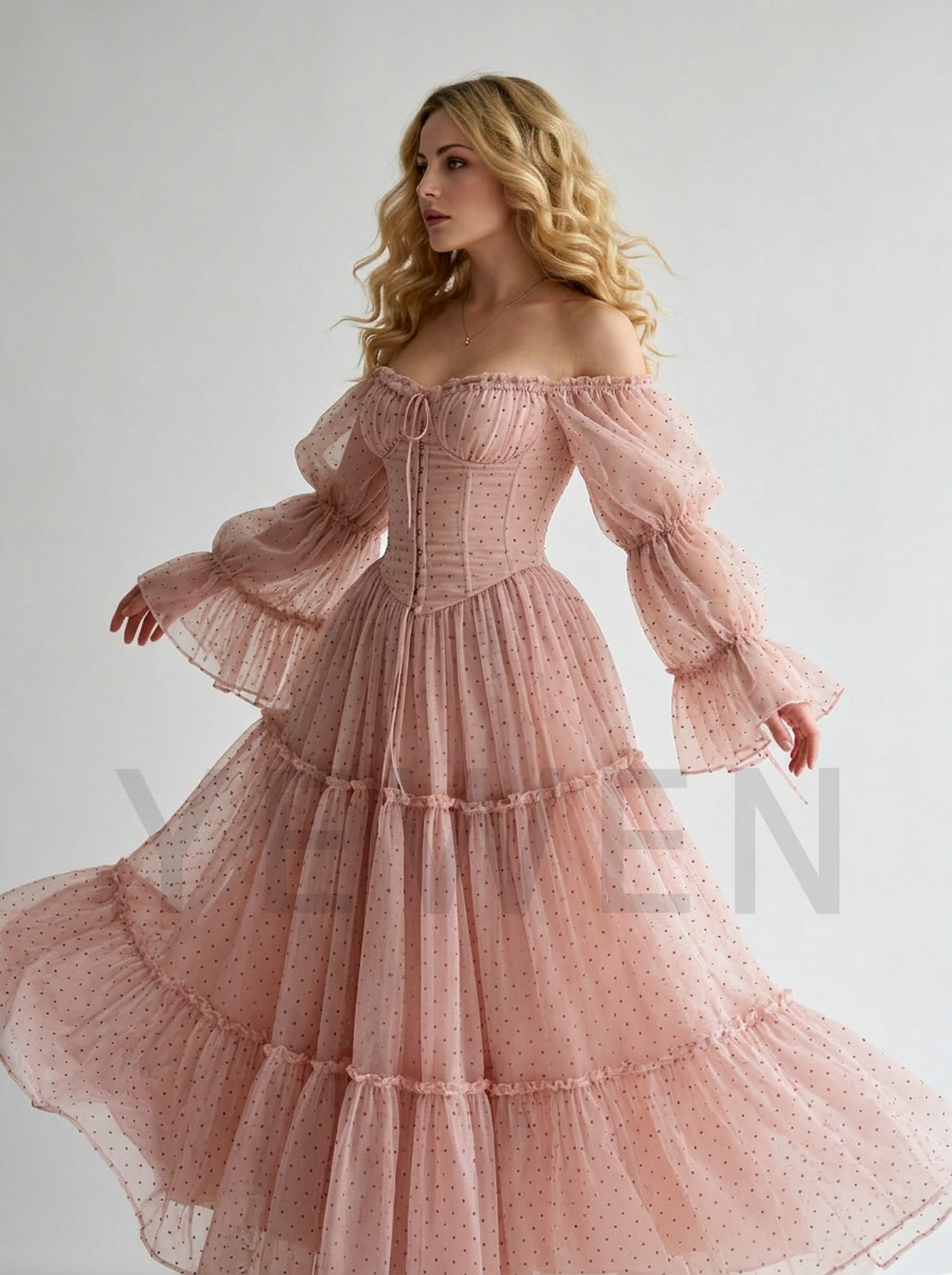 Polka Dot Tulle Princess Gown with Bell Sleeves Sweetheart Corset – yewendress