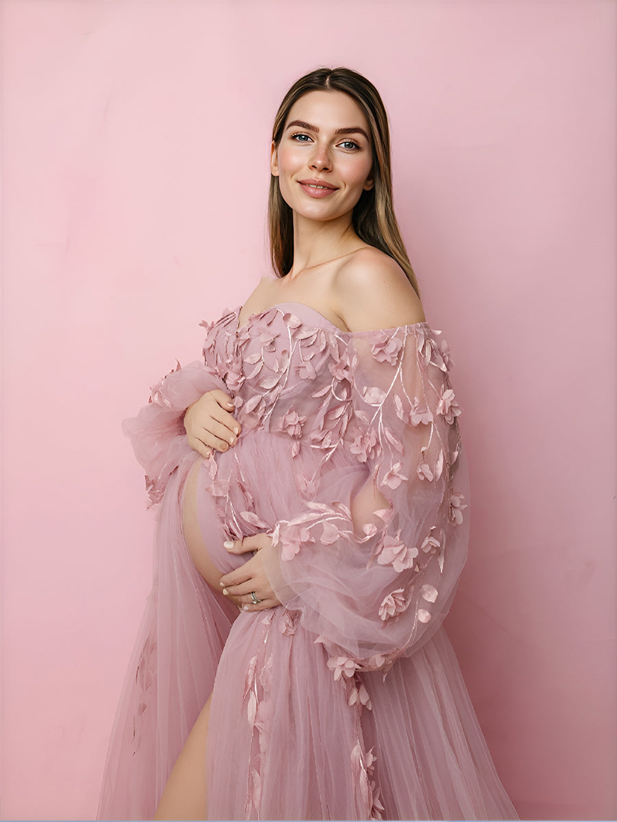 Romantic tulle maternity photoshoot dress styled in soft light for elegant pregnancy and wedding photography