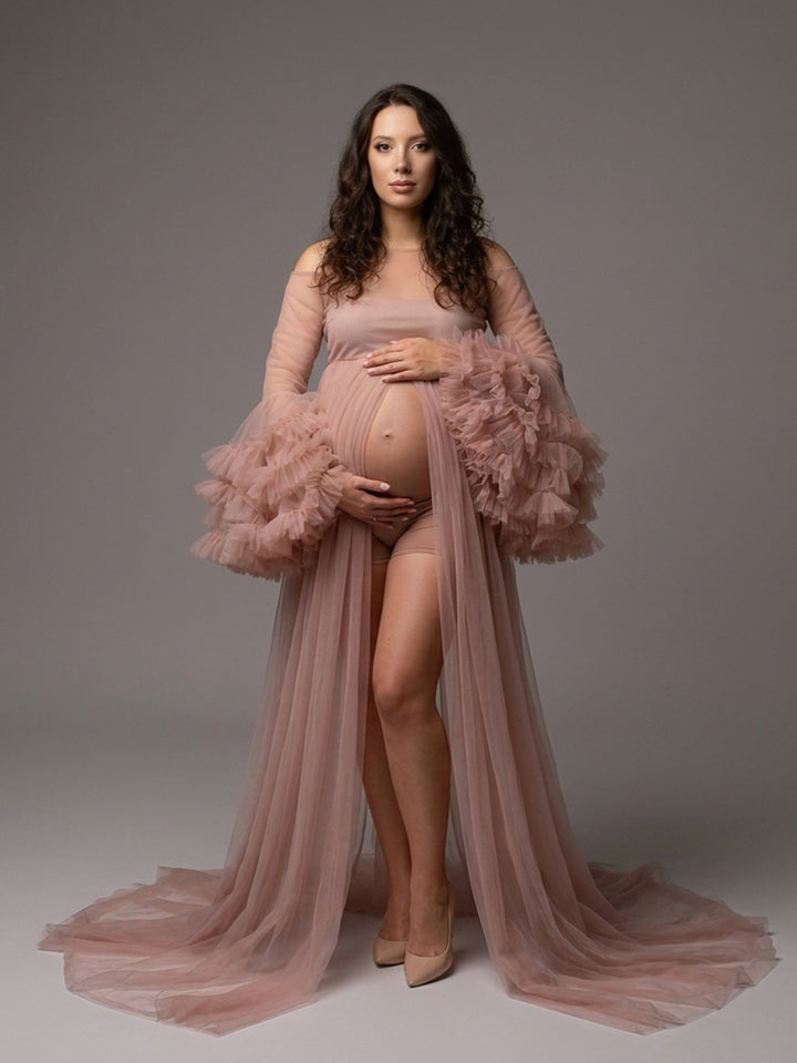 Dusty pink tulle ruffle sleeve maternity photoshoot gown, front view.