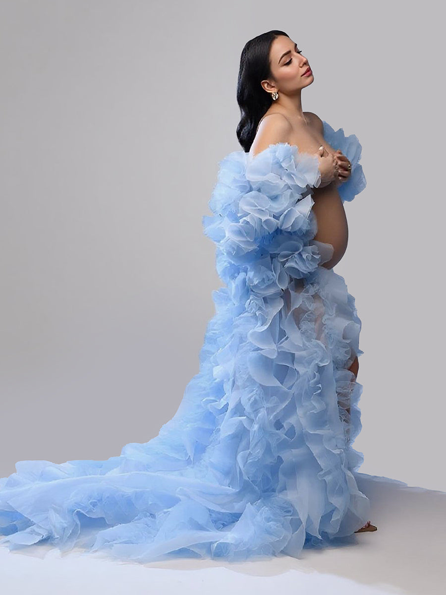 Lifestyle real shot of organza ruffles photoshoot robe cape designed for maternity and baby shower photography sessions