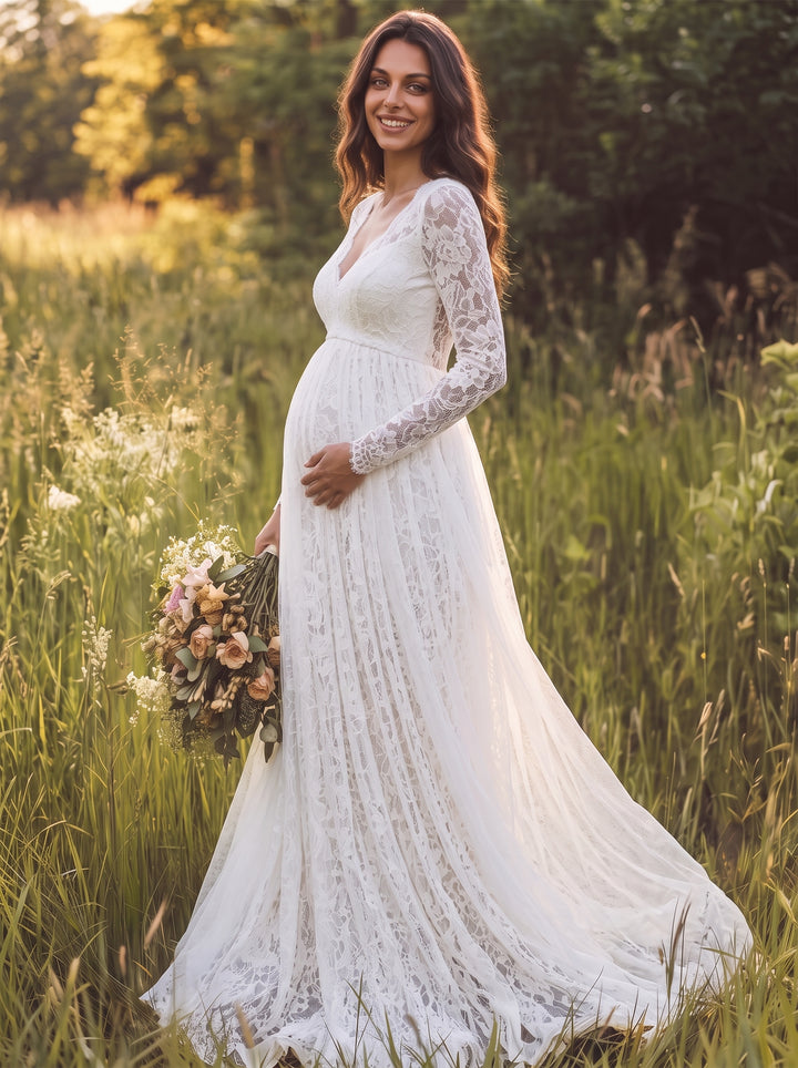 White Lace Maternity Wedding DressEmpire Waist Bridal Maxi Gown YD260829