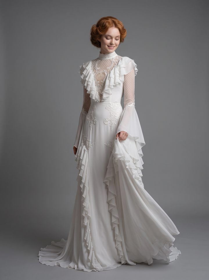 Vintage Style Tiered Ruffle Wedding Dress Bell Sleeve Bridal Gown YD260803