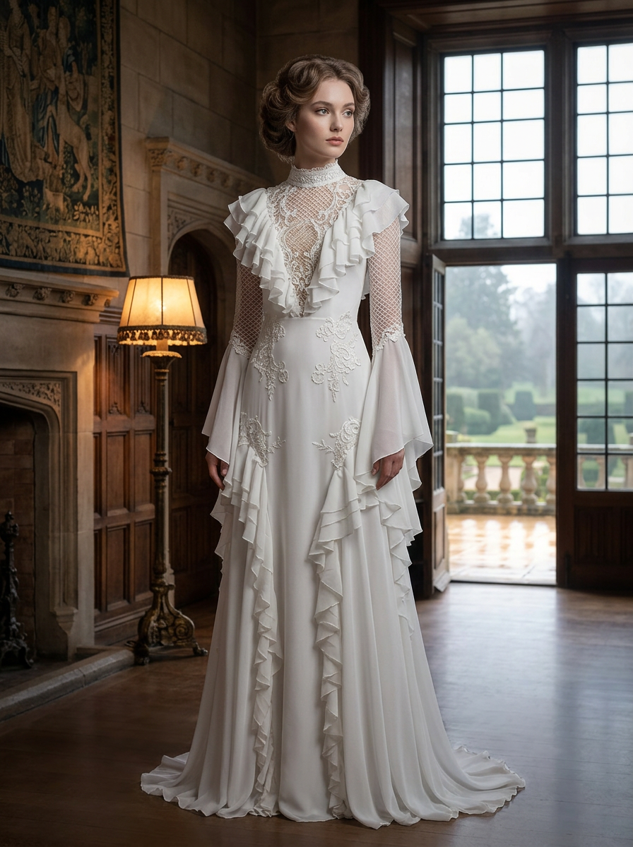 A woman stands in a grand interior room wearing a long white ruffled gown with sheer long sleeves, a high neckline, and a full skirt with a slight train. Large windows, wood paneling, and a floor lamp are visible in the background.