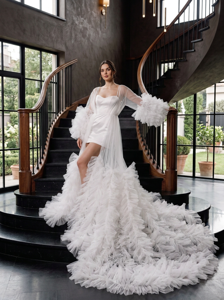 A model wearing a dramatic white wedding dress with sheer balloon sleeves and a voluminous ruffled train, posing on a grand black staircase inside a modern building.