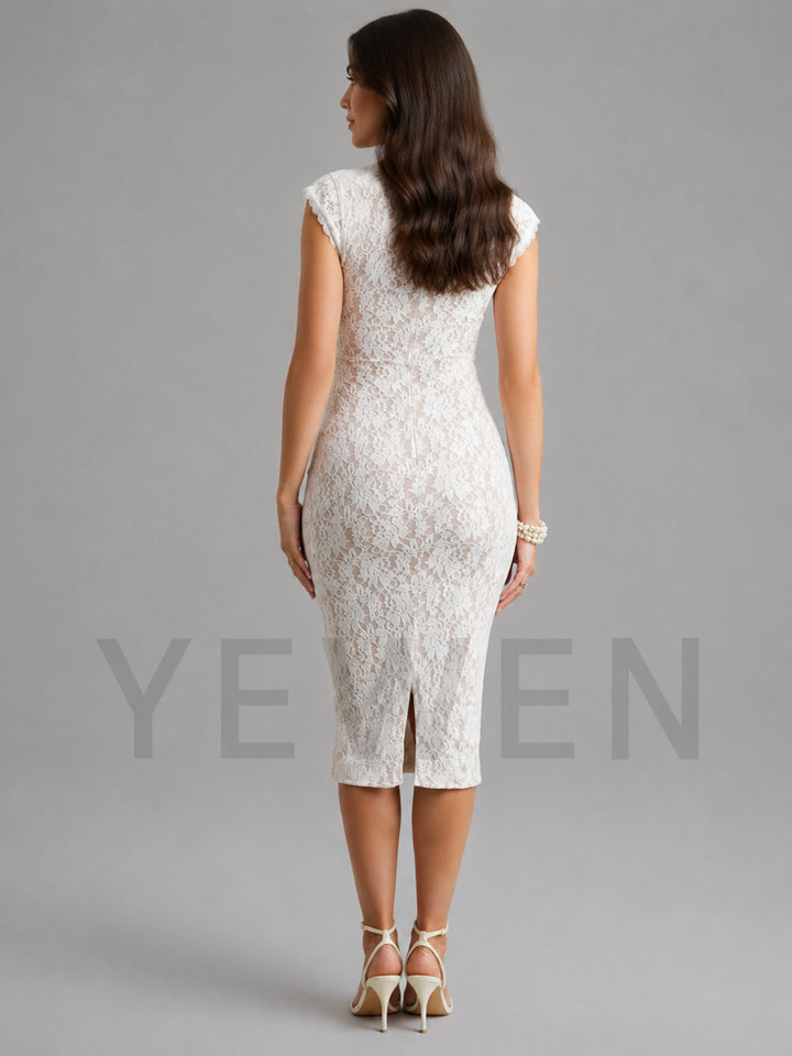 A woman shown from the back wearing a fitted sleeveless lace midi dress in a warm off-white/ivory tone, paired with beige high-heeled sandals, against a plain gray studio background.