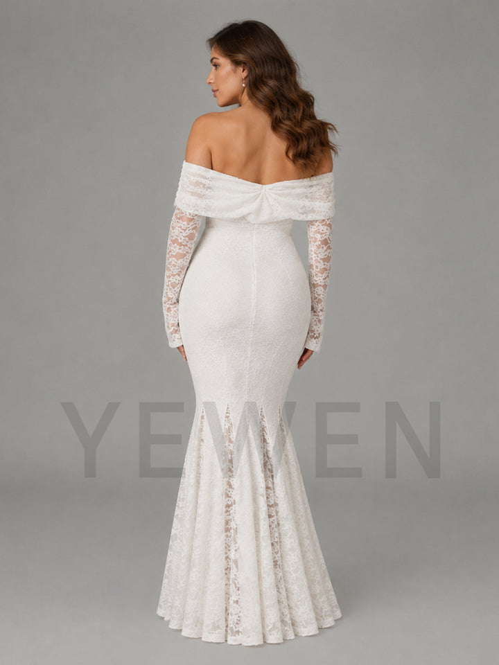 A woman modeling an off-the-shoulder white lace mermaid gown from the back, featuring long lace sleeves and a fitted silhouette, against a solid gray studio background.