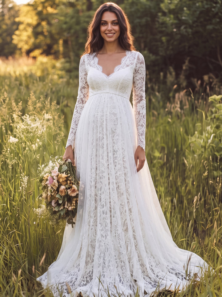 White Lace Maternity Wedding DressEmpire Waist Bridal Maxi Gown YD260829