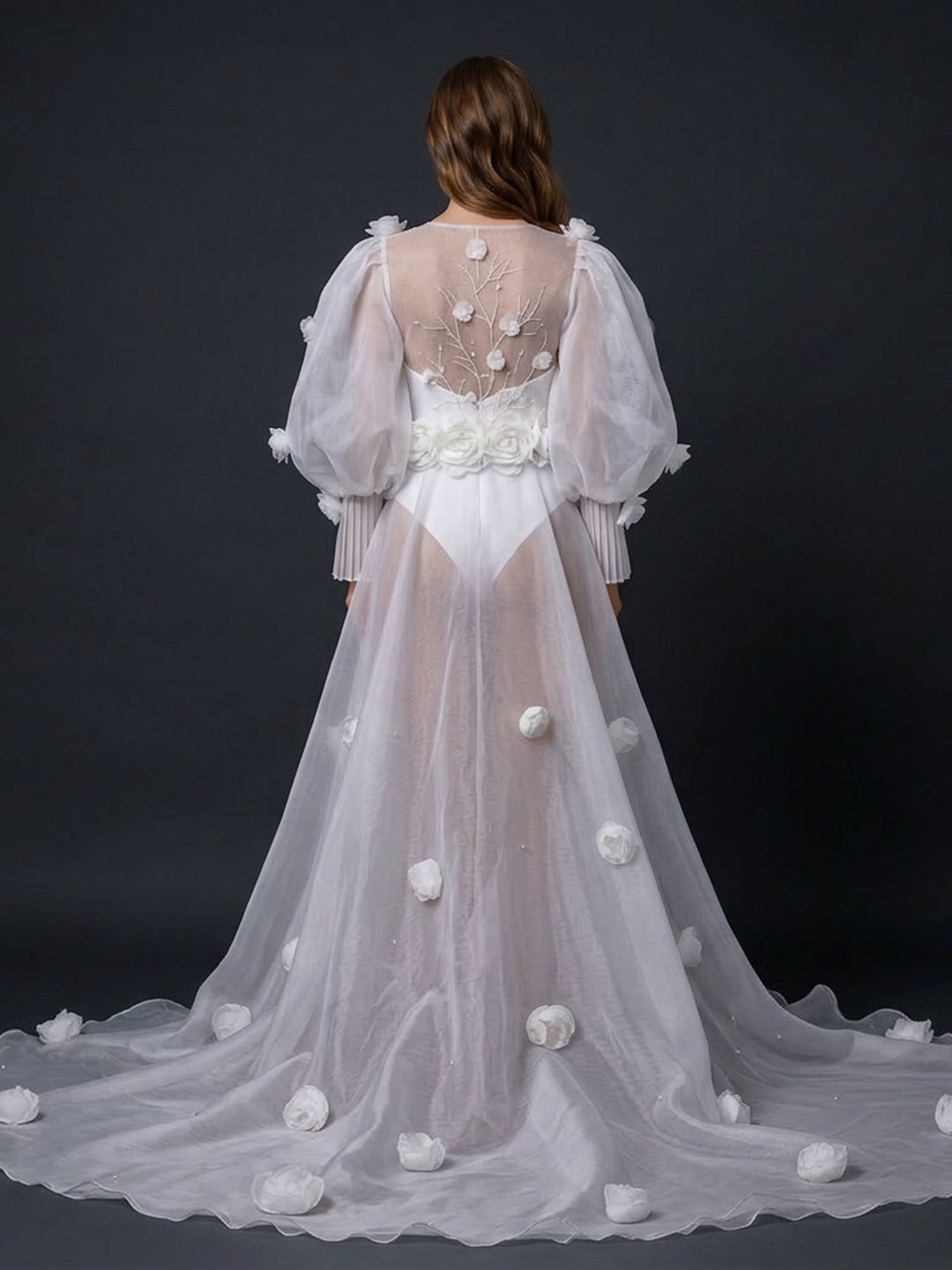 3D Flower Bridal Robe Bride Getting Ready White Long Robe