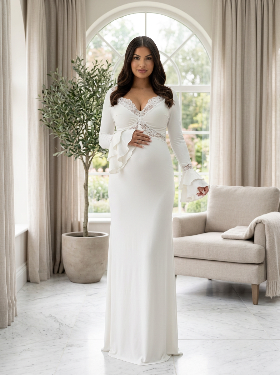 Lifestyle front view of a pregnant model wearing a white maternity baby shower dress with romantic bell sleeves in a cozy interior setting.