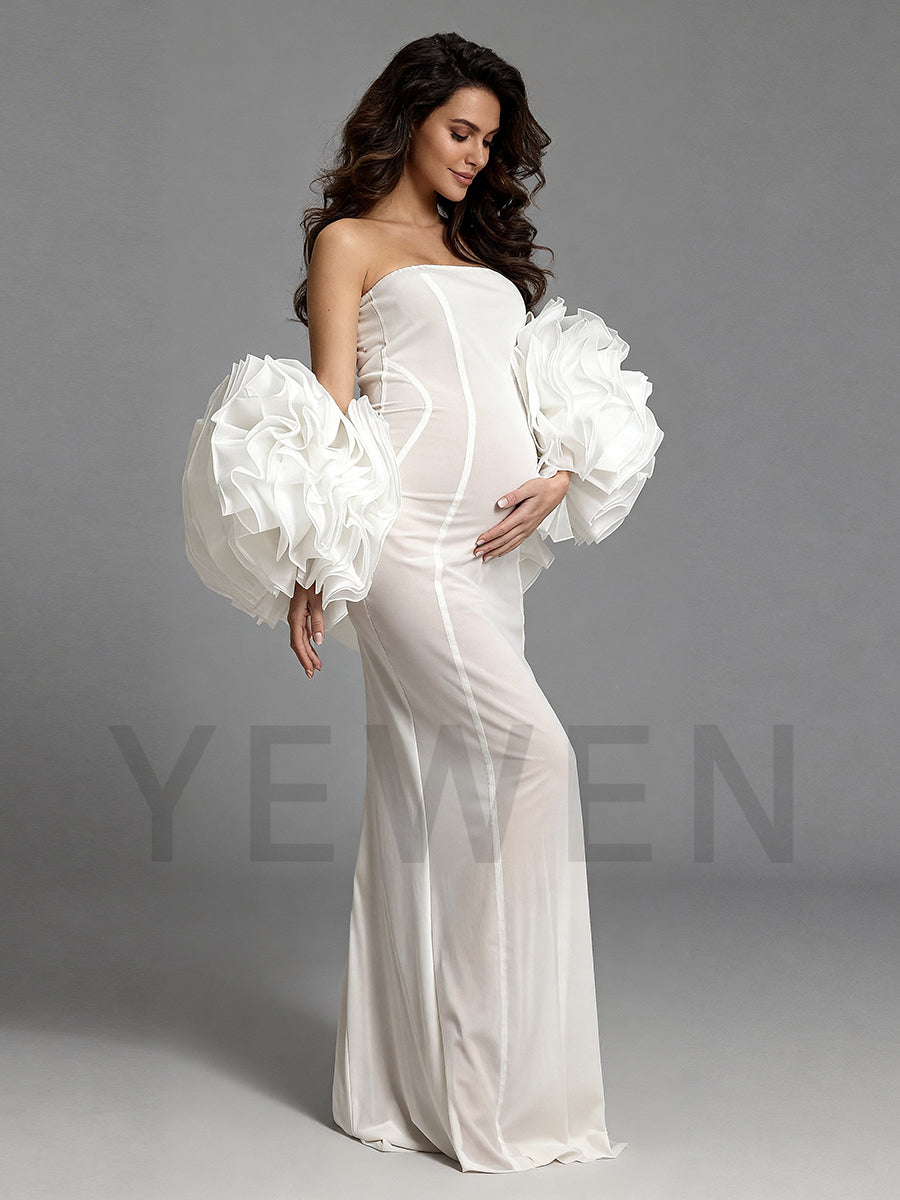 Real product photo of white mermaid maternity dress designed for pregnant women and special occasions