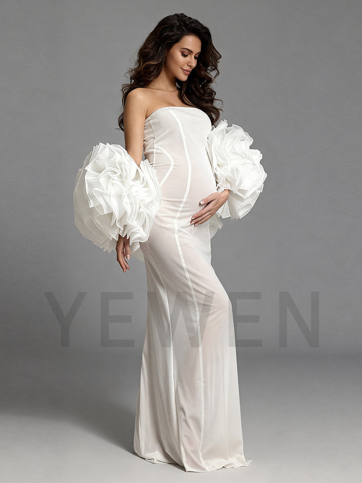 Real product photo of white mermaid maternity dress designed for pregnant women and special occasions