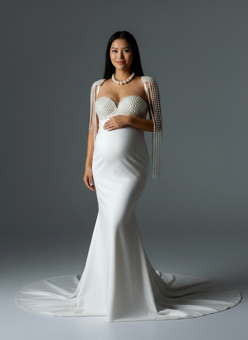 Full front view of a pregnant model wearing an elegant white pearls mermaid maternity photoshoot gown with pearl shoulder drape.