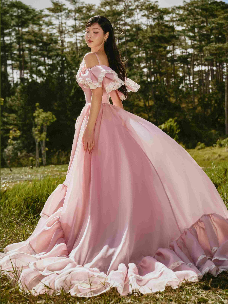 Blush Pink Organza Dress Off-shoulder Corset Gown for Photoshoot Adjustable Train Length 12 / Custom Color