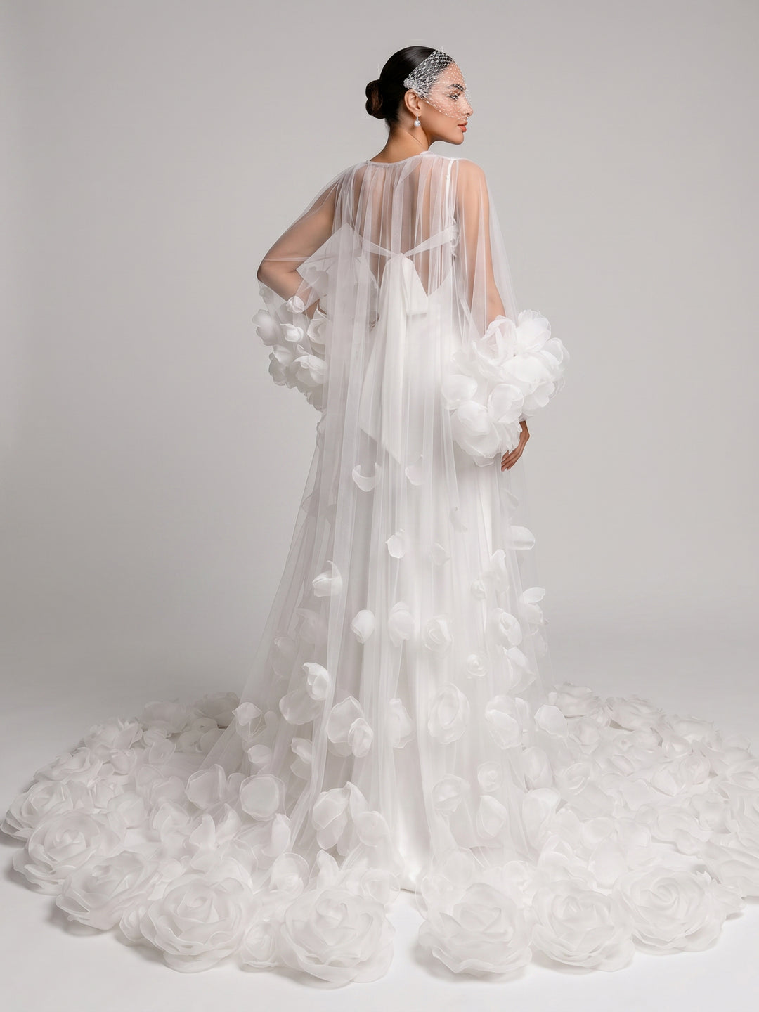 3D Petal Embellished Tulle Bridal Robe with Train Custom Made