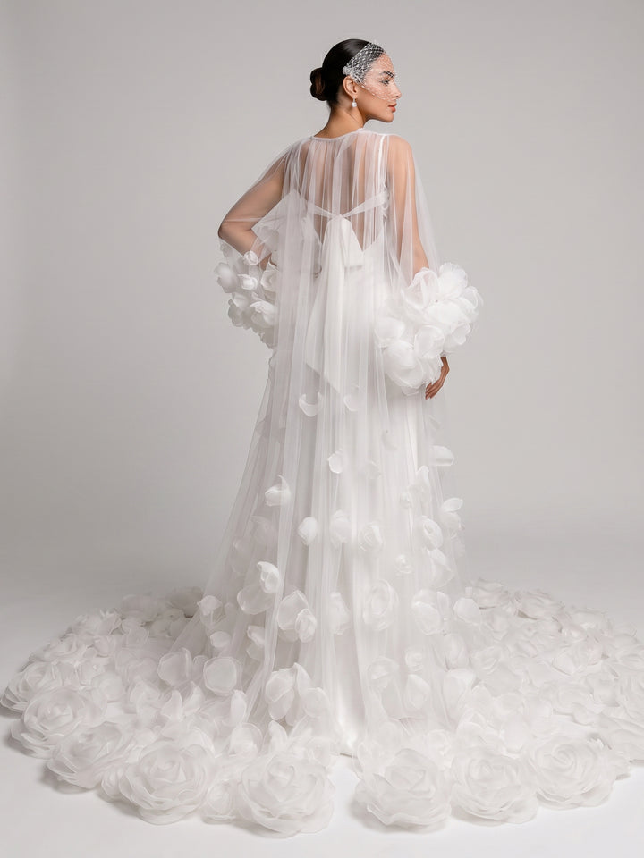 3D Petal Embellished Tulle Bridal Robe with Train Custom Made
