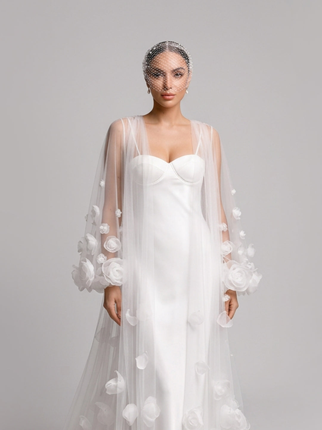 3D Petal Embellished Tulle Bridal Robe with Train Custom Made