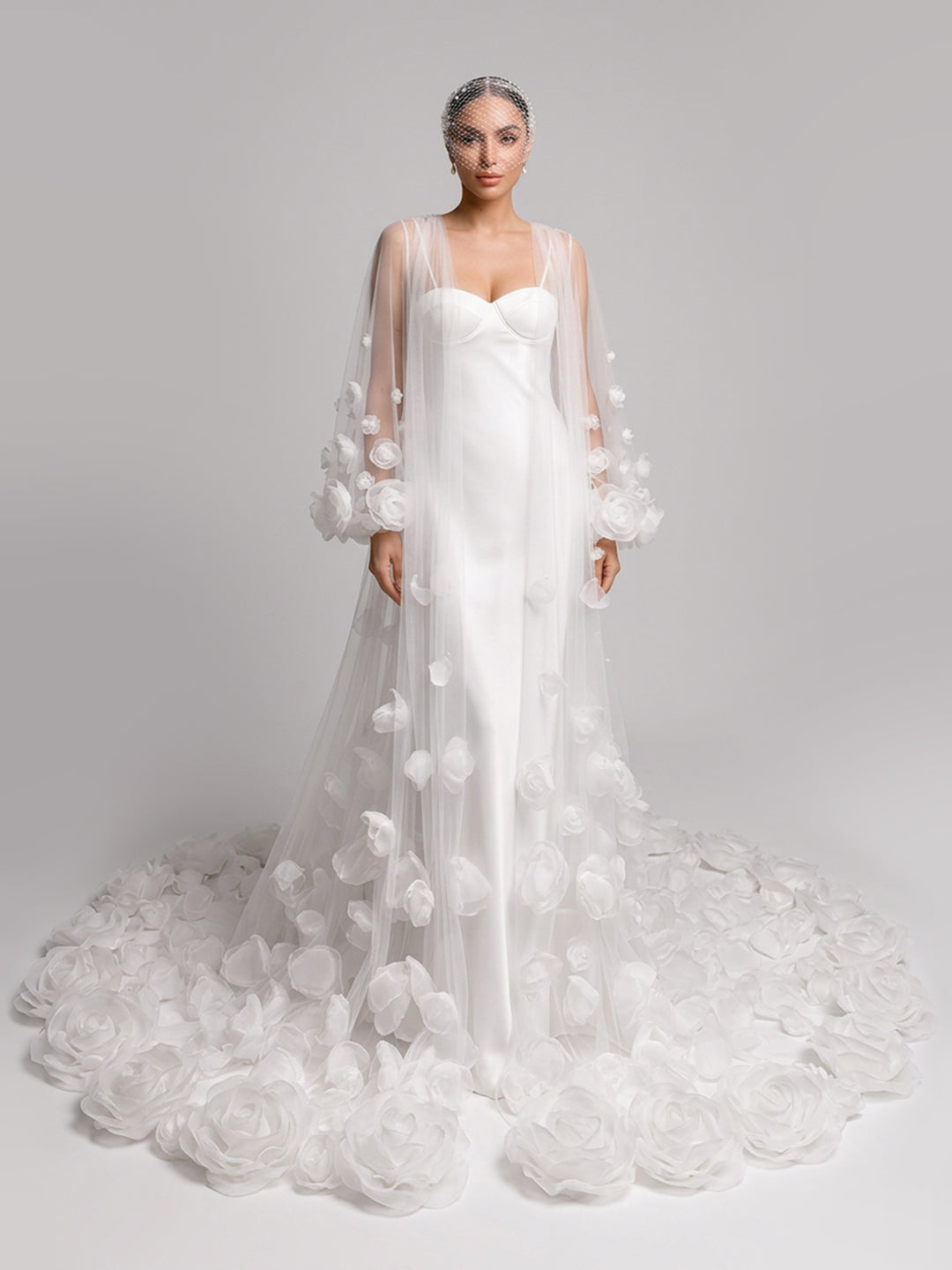 3D Petal Embellished Tulle Bridal Robe with Train Custom Made