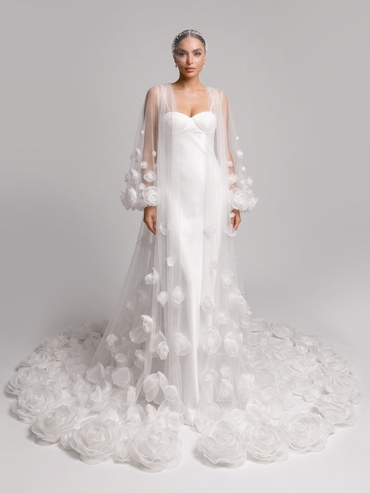3D Petal Embellished Tulle Bridal Robe with Train Custom Made