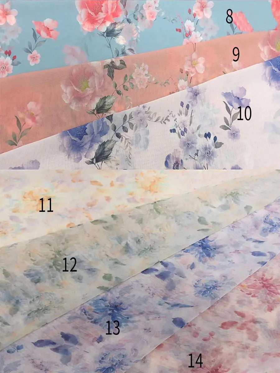 Second fabric swatch chart showing 7 additional floral pattern and color options available for customizing this gown, numbered 8 to 14.