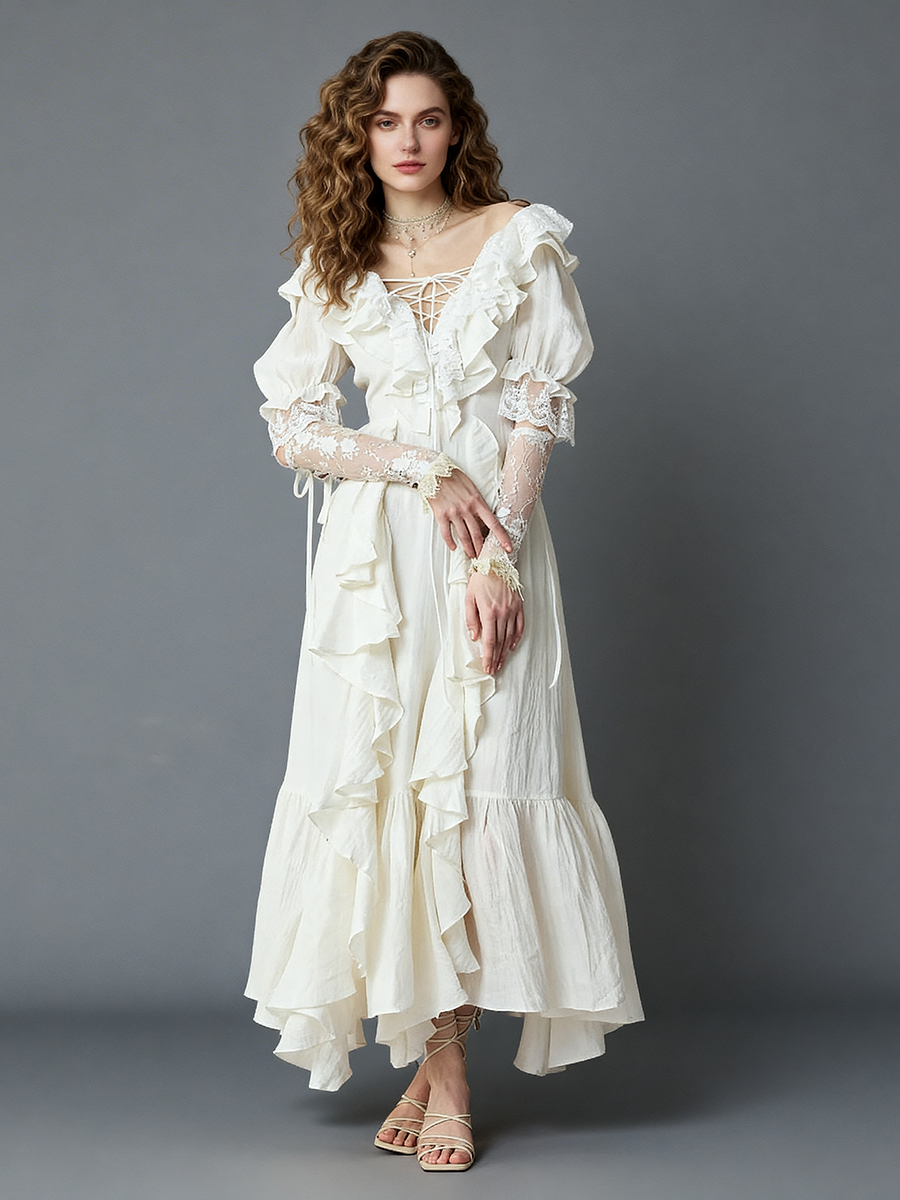 Layer Ruffles Maxi Linen Dress Boho Photo Shoot Gown 4 / Off White