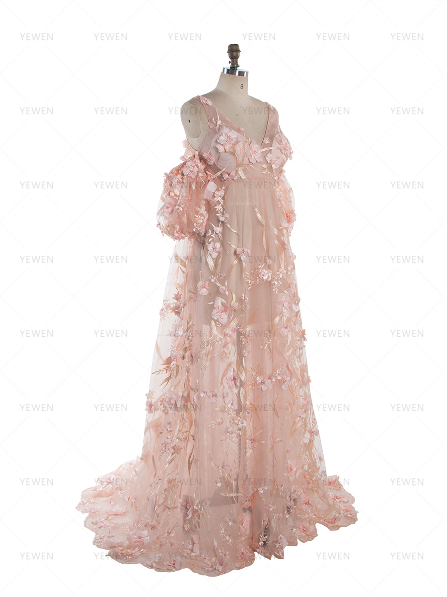 3D Floral Lace Maternity Dress for Photoshoot Fairy Maxi Dress Photoshoot Outfit YW260284 – yewendress