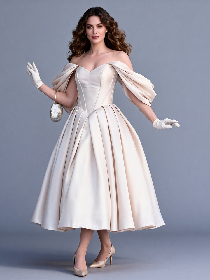 Full front view of a model wearing an off-shoulder satin bespoke occasion gown with a corset bodice and pleated skirt.