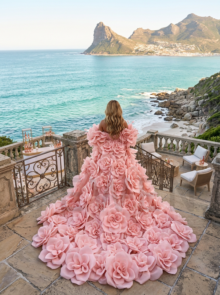 Model wearing photoshoot dress with 3D floral cape during professional wedding photography session