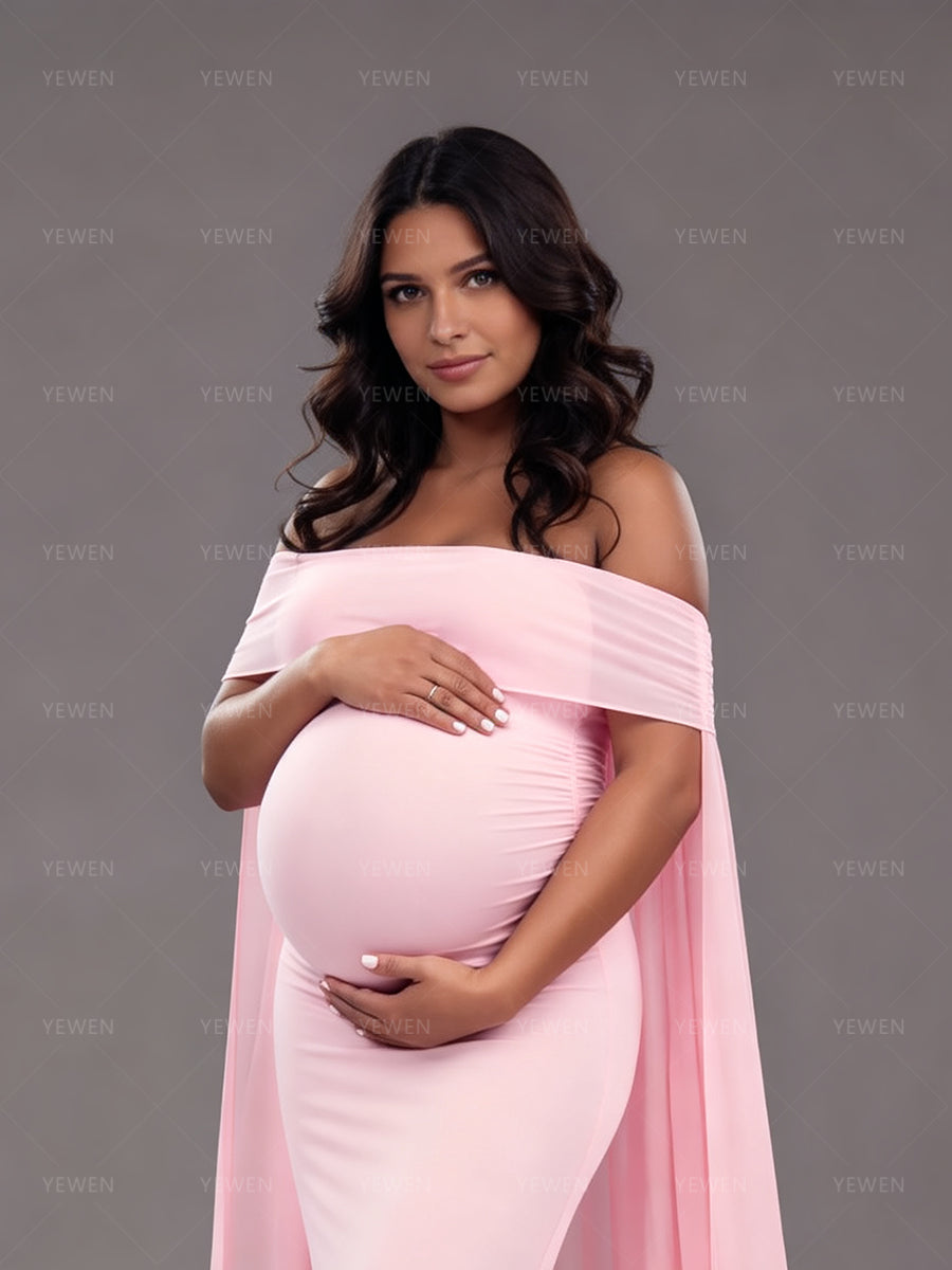 Pink Maternity Photoshoot Dress Off Shoulder Baby Shower Gown for Mom – yewendress