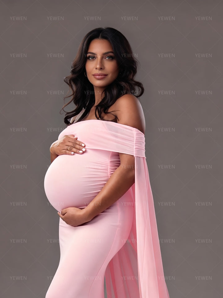 Pink Maternity Photoshoot Dress Off Shoulder Baby Shower Gown for Mom