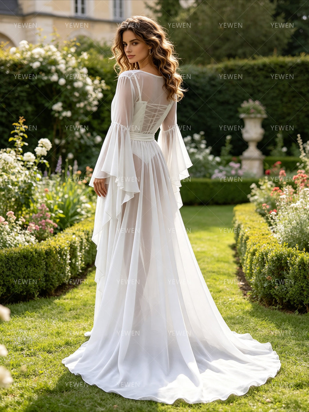 Back view of a white sheer bridal robe with elegant bell sleeves.