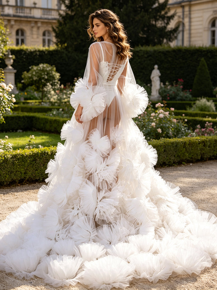 Tulle Flower Sleeve Bridal Robe Sheer Wedding Photoshoot Gown