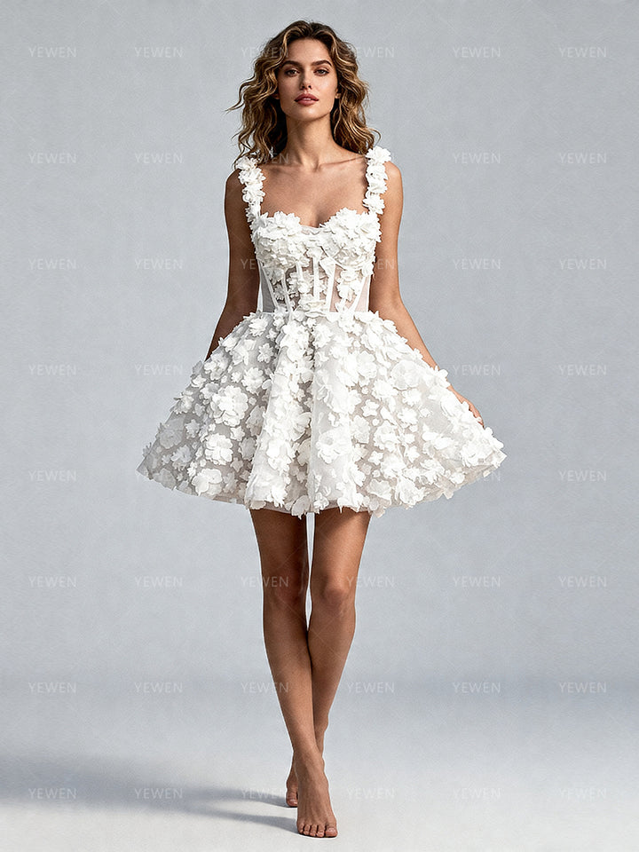 Full front view of a model wearing a white 3D floral corset mini prom dress with a sweetheart neckline and spaghetti straps.