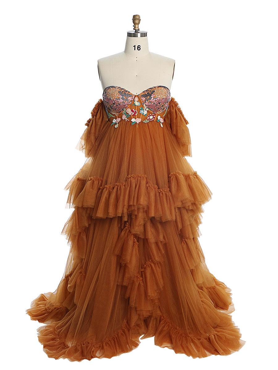 Tulle with Embroidery Lace Maternity Dress for Photo Shoot Ruffles Ma 24W / N187 Tulle with Embroidery Lace Maternity Dress for Photo Shoot Ruffles Ma 24W / N187