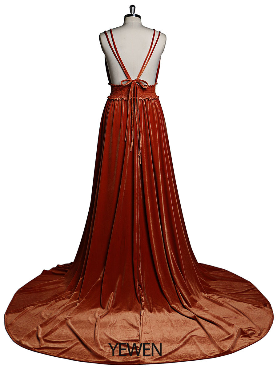 Velvet V-Neck Stretch Waist Side Slit Long Photo Shoot Dress YD21827 16W / R63 Velvet V-Neck Stretch Waist Side Slit Long Photo Shoot Dress YD21827 16W / R63