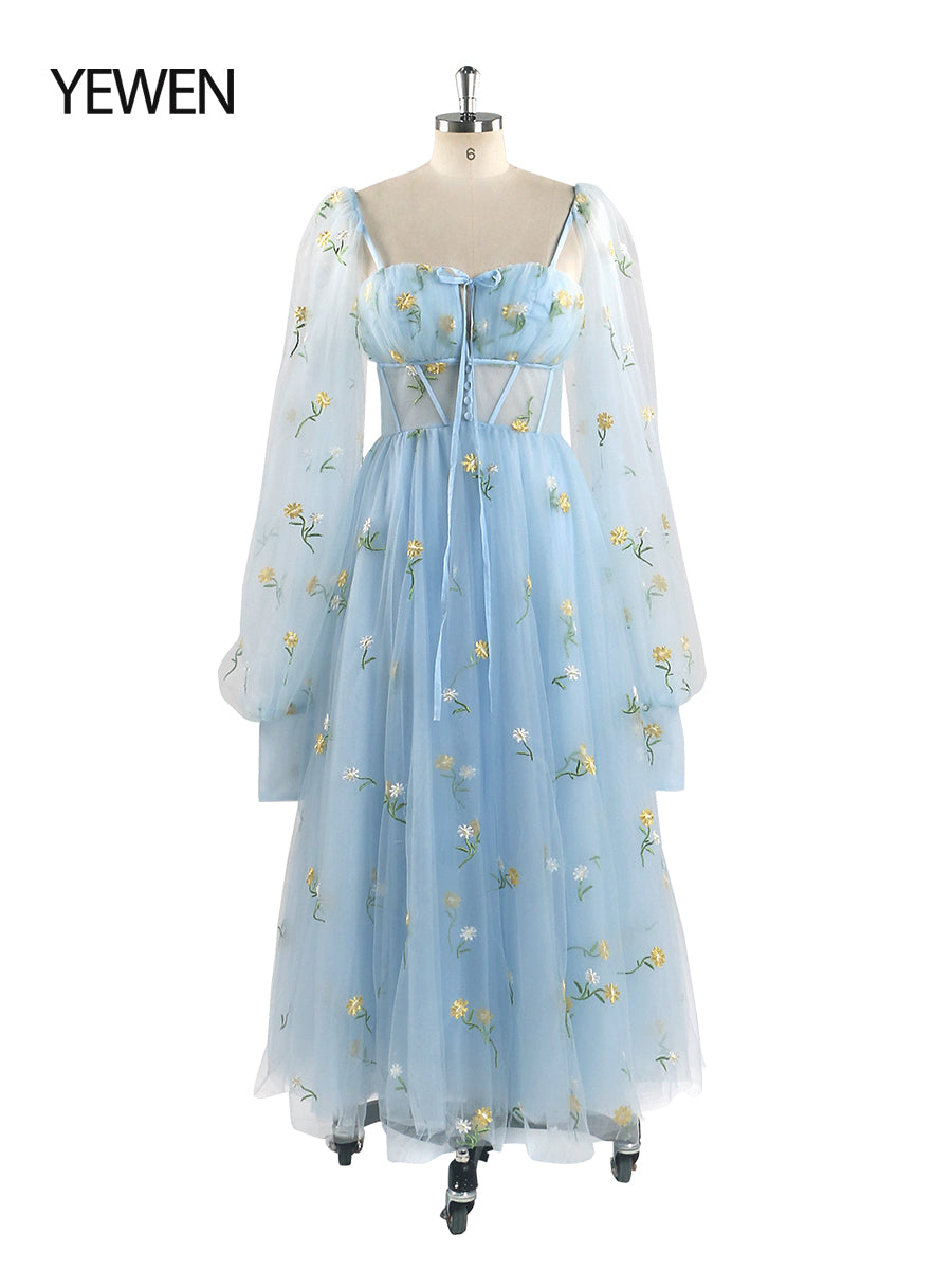 Embroidery Long Puffy Sleeve Tulle Tea Party Dresses YEWEN YW220323 yewendress Embroidery Long Puffy Sleeve Tulle Tea Party Dresses YEWEN YW220323 yewendress