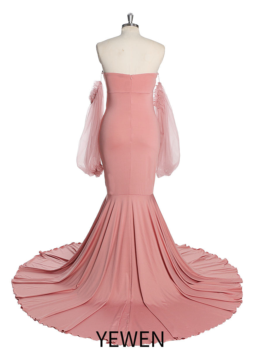 Tulle Full Sleeves Stretchy Fabric Mermaid Maternity Dress for Photo 2 / Champagne