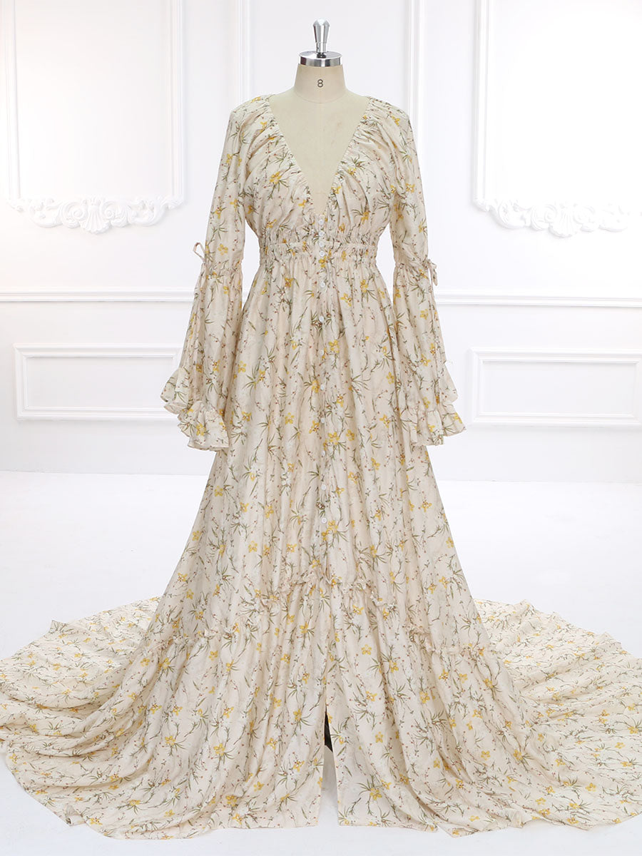 New Floral Print Cotton Maxi Dress Boho Beach Maternity Gown Fancy Photography Props YEWEN YD211202 4 / Picture Color
