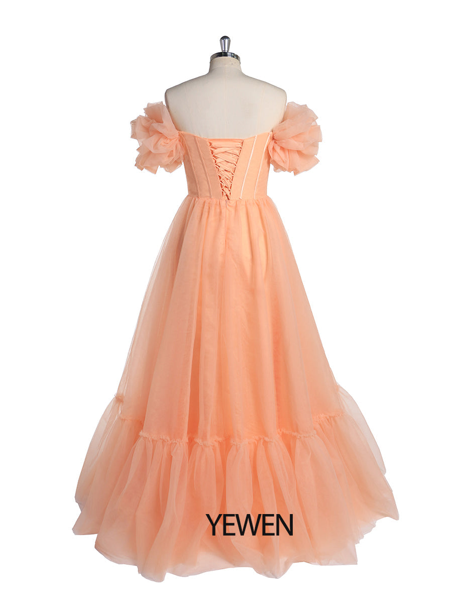 Short Sleeve Off Shoulder Peach Color Dress for Wedding YW21020 14 / N181 Short Sleeve Off Shoulder Peach Color Dress for Wedding YW21020 14 / N181