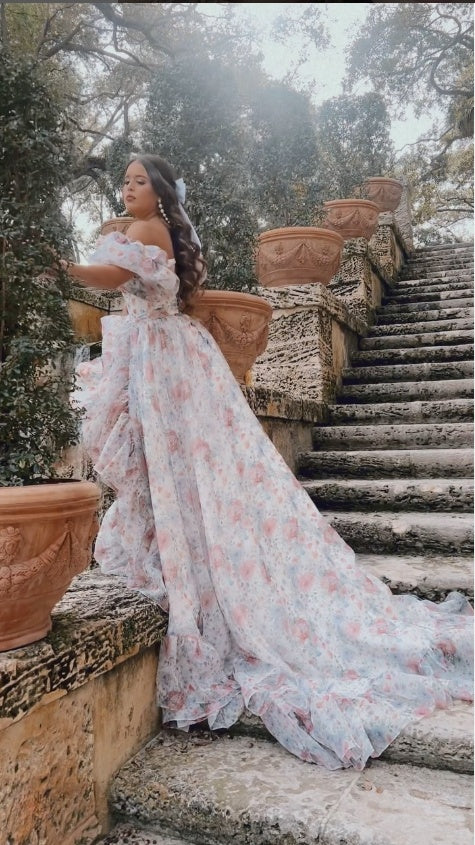 Print Floral Prom Dress Long Train Fancy Photo Shoots Gown Silk Soft Organza Maxi Dress YW231108
