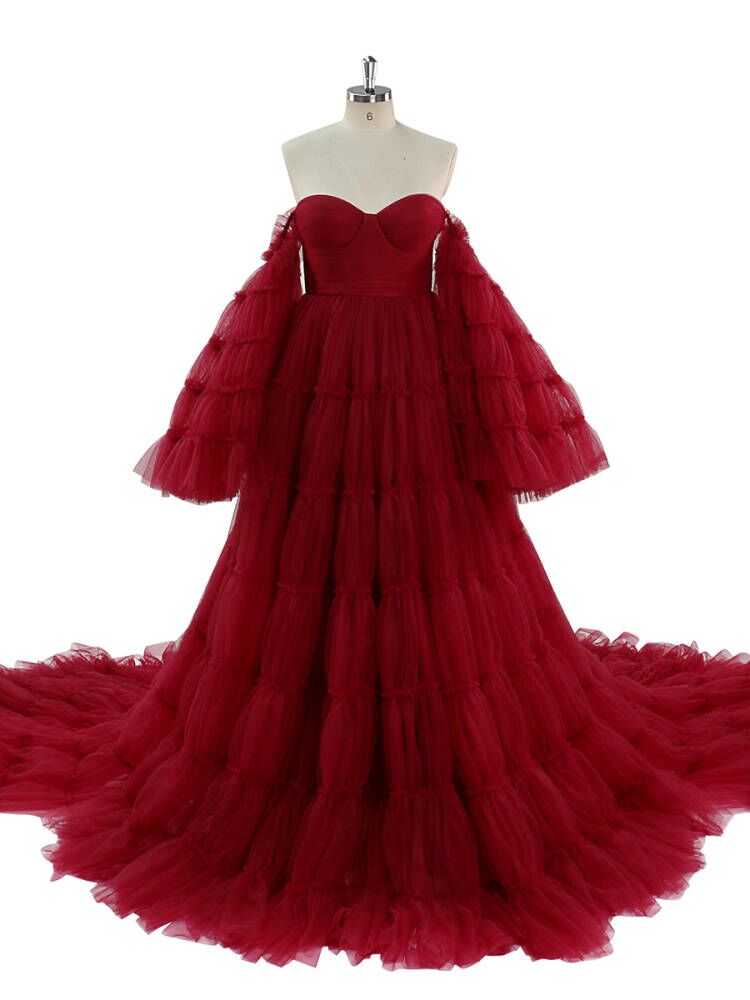 BUrgundy Tulle Dress Spaghetti Strap Big Skirt Maternity Baby Showe yewendress