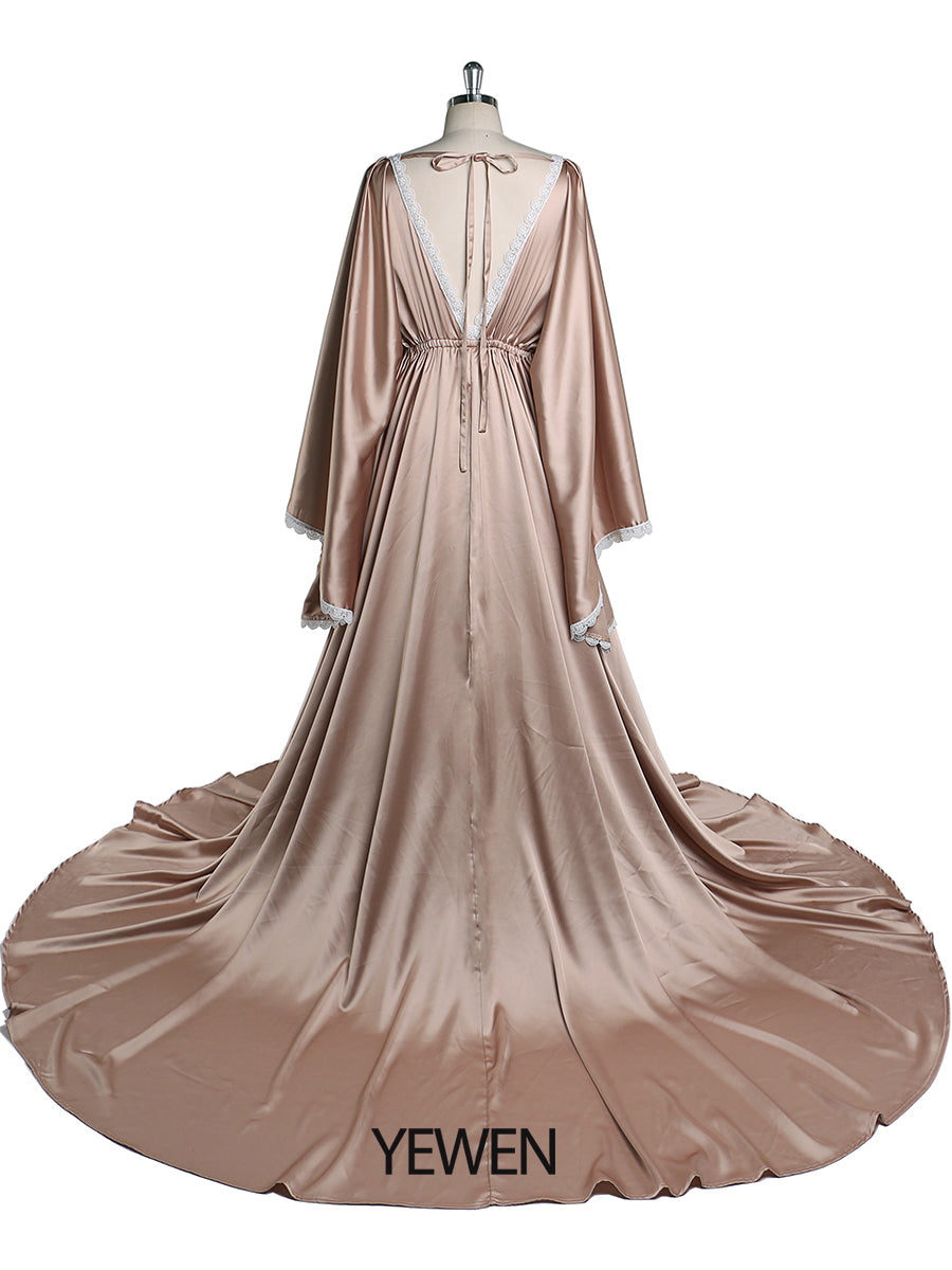 Rose-Satin Bohemian Maternity Photo Shoot Dress Adjustable Waist Phot 20W / Tan Color Rose-Satin Bohemian Maternity Photo Shoot Dress Adjustable Waist Phot 20W / Tan Color