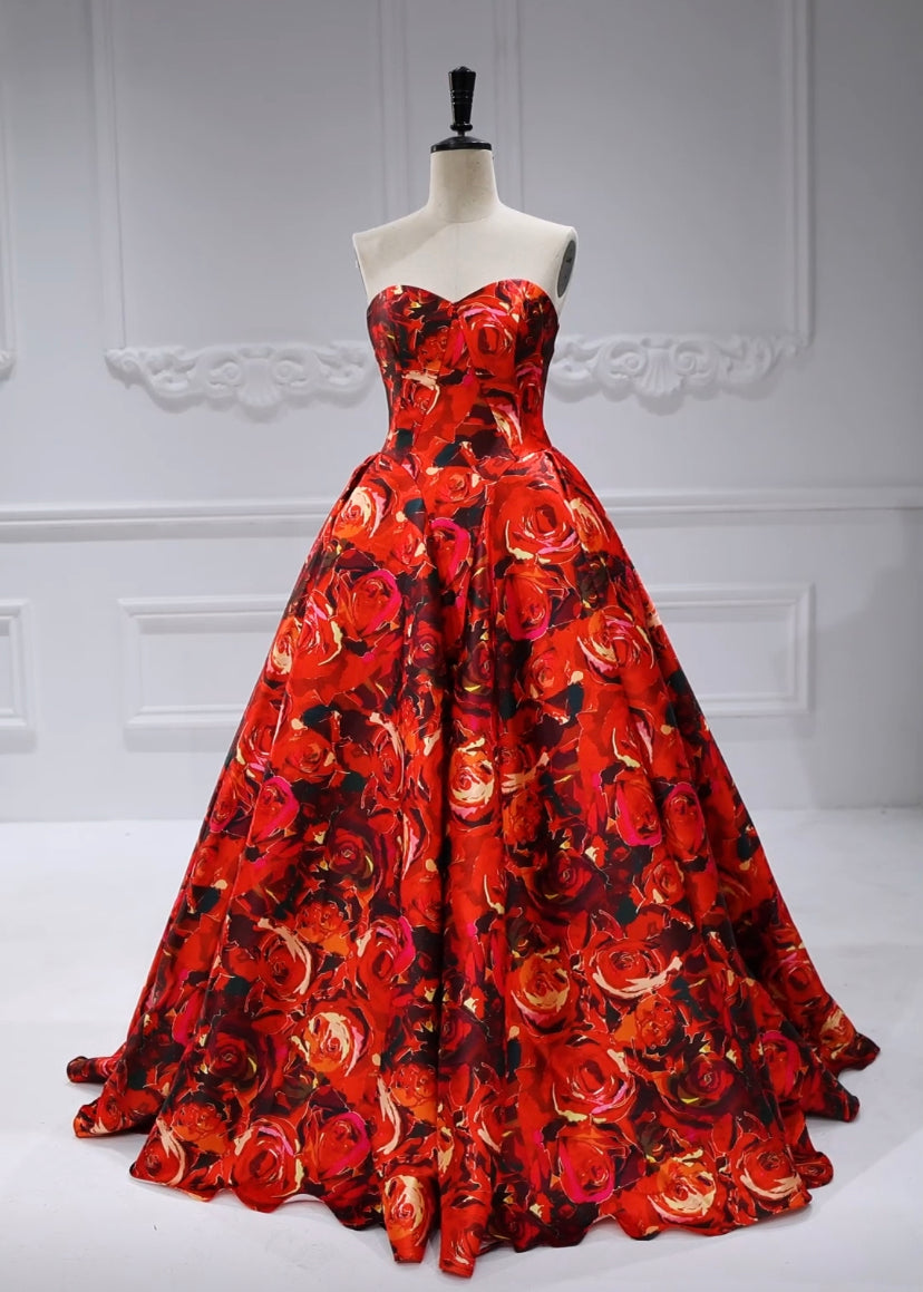 Sweetheart Neckline Floral Printed Satin Ball Gown Zipper Back 88075