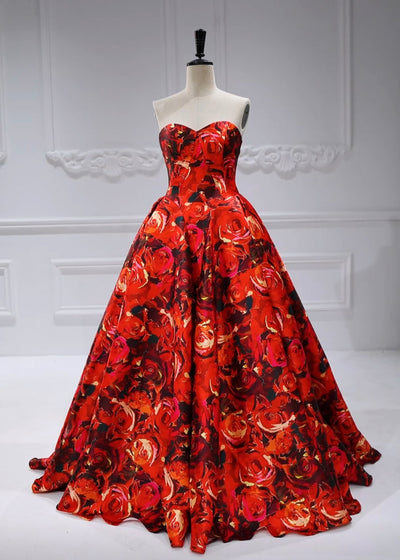Sweetheart Neckline ,Floral Printed Satin Ball Gown, Zipper Back