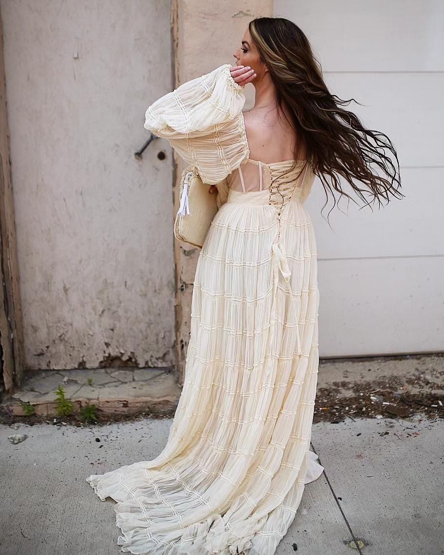 Chiffon Corset Photoshoot Dress Bohemian Beach Wedding Party Dresses 24W / Brown Color Chiffon Corset Photoshoot Dress Bohemian Beach Wedding Party Dresses 24W / Brown Color